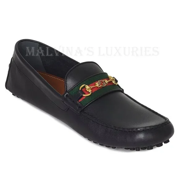 GUCCI SHOES MENS BLACK LEATHER HORSEBIT LOGO DRIVER LOAFERS w WEB sz 13 13.5 - Picture 8 of 16